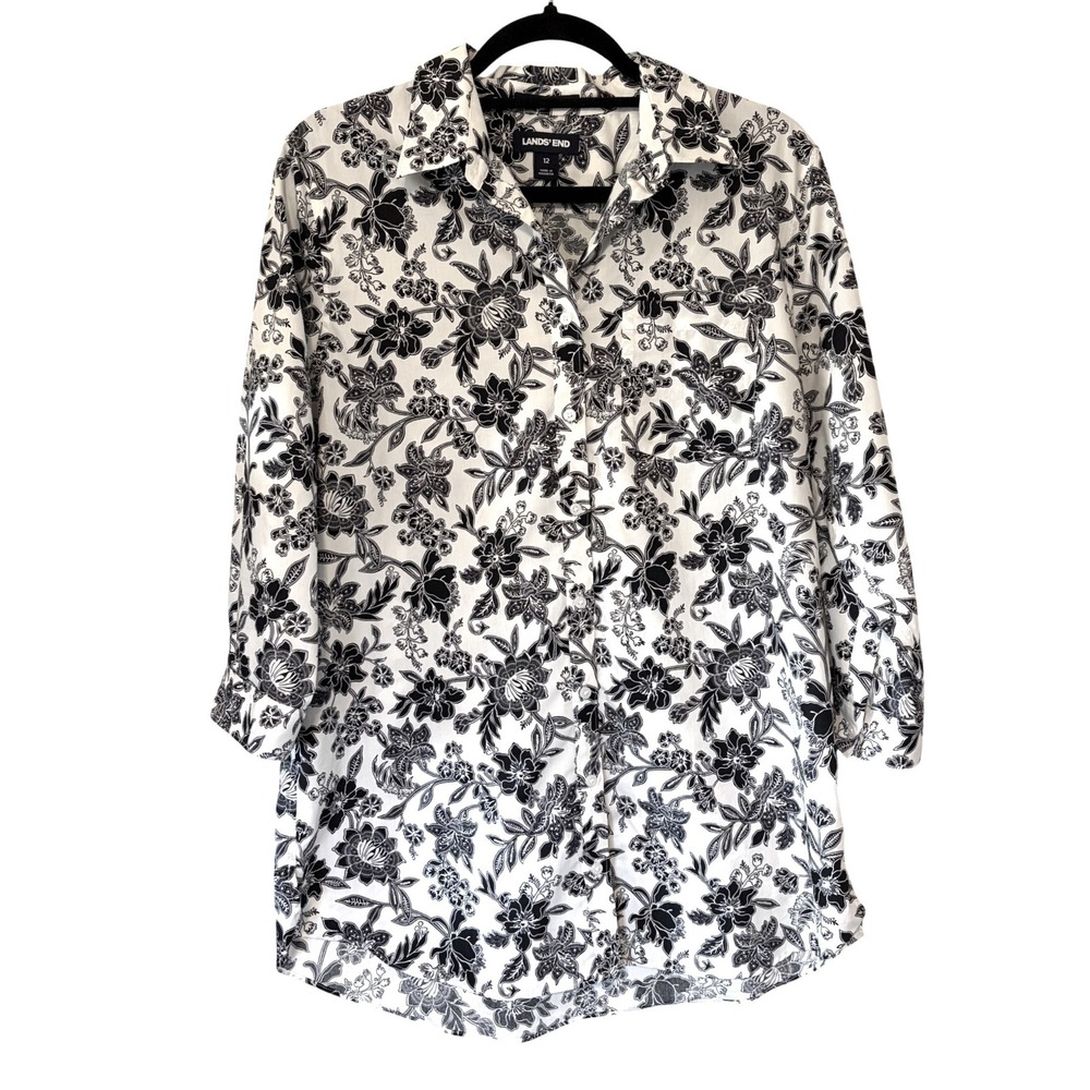 Lands' End No Iron Supima Cotton Button Up White Black Floral Women's 12 L XL